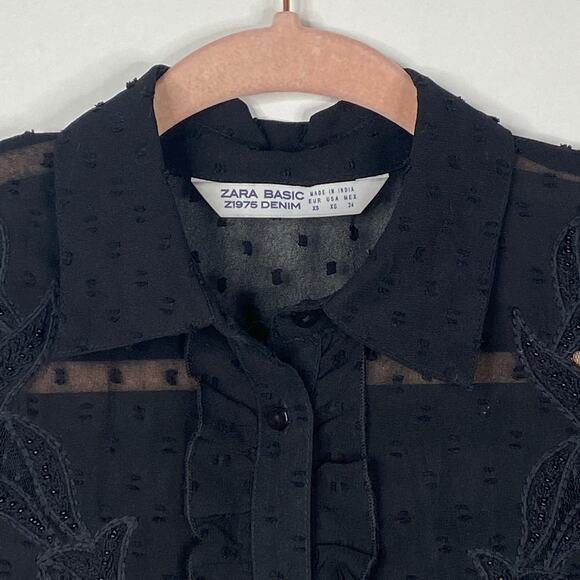 2/$30 ZARA Embroidered Ruffle Button-Down Sheer Blouse XS Floral Black #6267 - Picture 3 of 14